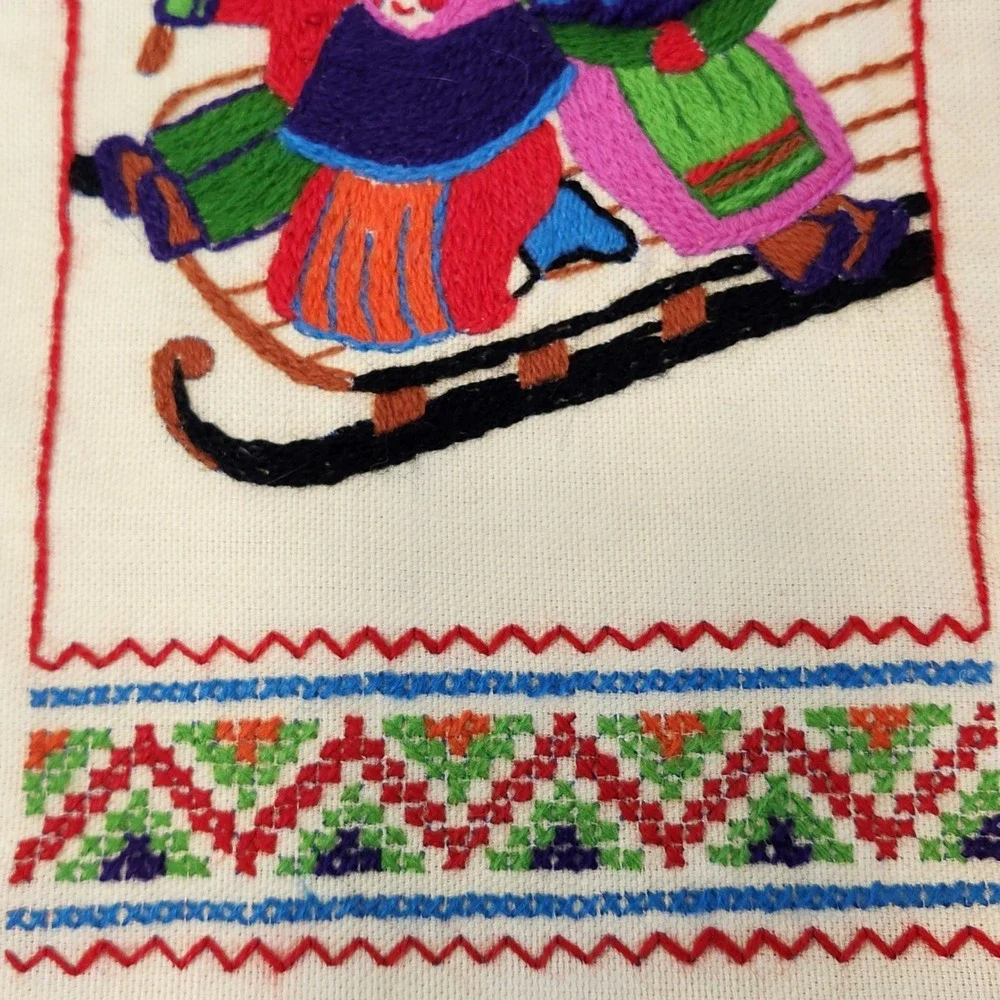 Vintage Hand Embroidered Winter Wall Hangings Set 2‎ Snowman Sledding Folk Art